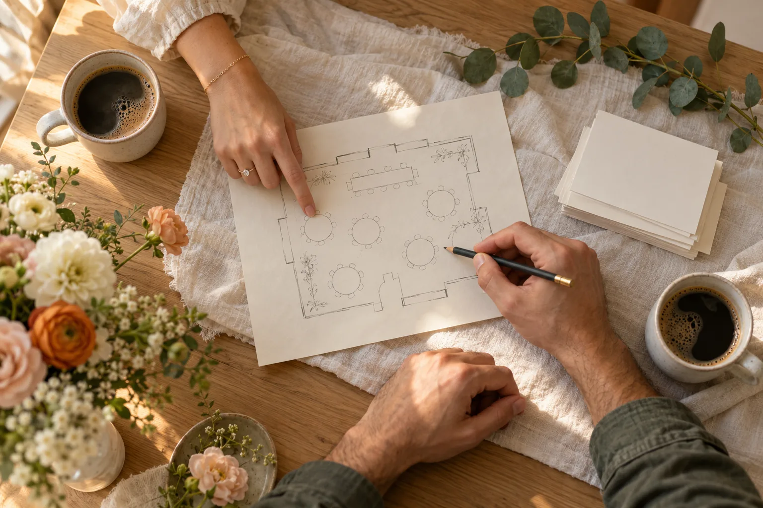 Couple sketching their wedding room plan on paper with coffee and RSVP cards