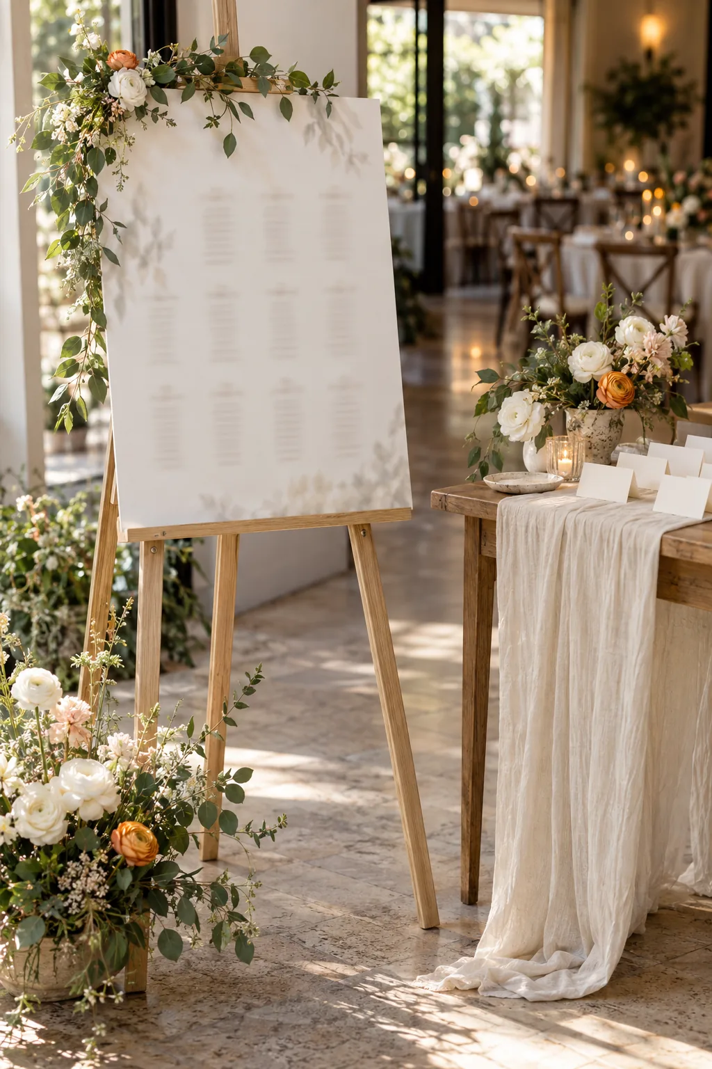 Printed wedding seating chart on an easel with fold-over place cards at the reception entrance