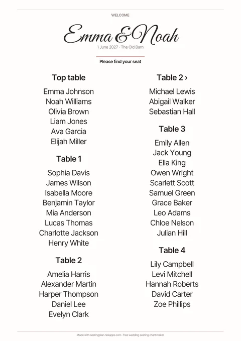 Calligraphy – Wedding seating chart templates